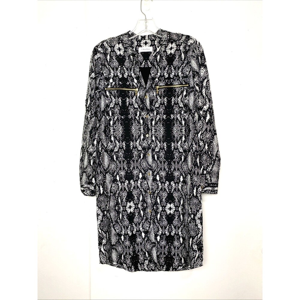 Calvin Klein Shirt Dress Women Size M Pencil V Neck Button Down Snake Print